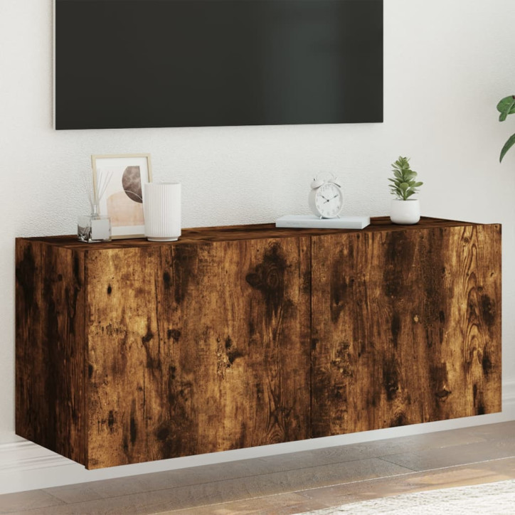 Sieninė TV spintelė su LED lemputėmis, dūminė, 100x35x41cm