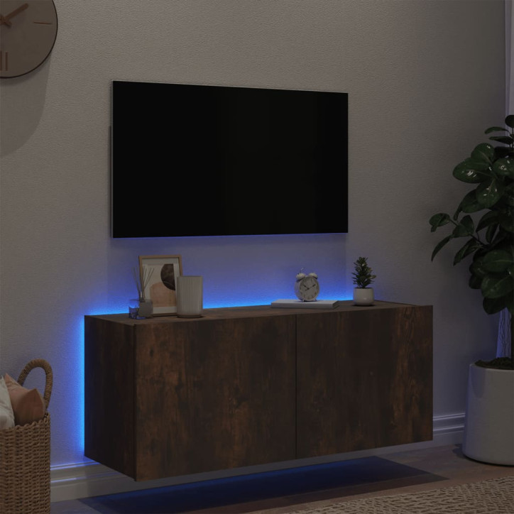 Sieninė TV spintelė su LED lemputėmis, dūminė, 100x35x41cm