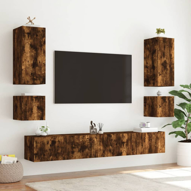 Sieninė TV spintelė su LED lemputėmis, dūminė, 100x35x41cm