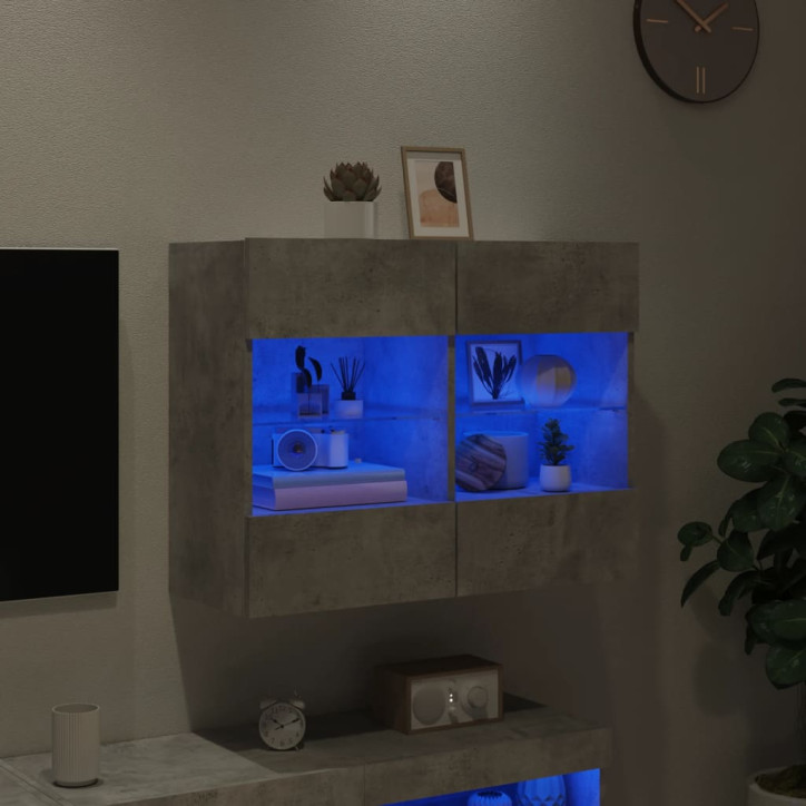 Sieninė TV spintelė su LED lemputėmis, betono, 78,5x30x60,5cm