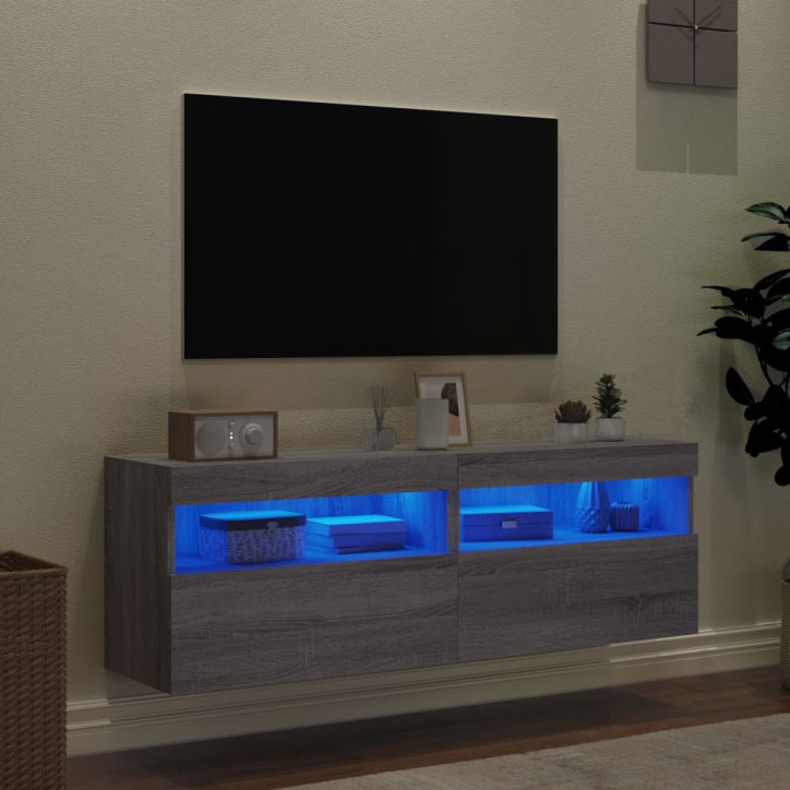 Sieninės TV spintelės su LED, 2vnt., pilka ąžuolo, 60x30x40cm