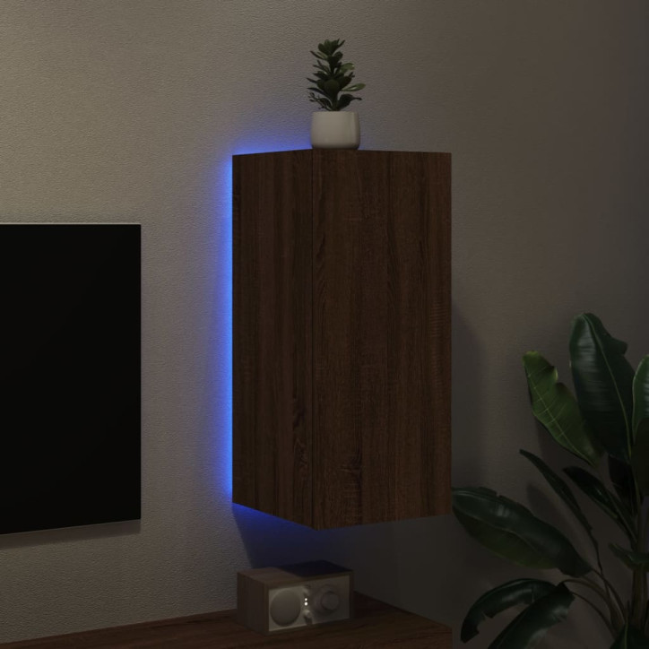 Sieninė TV spintelė su LED lemputėmis, ruda, 30,5x35x70cm