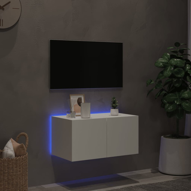 Sieninė TV spintelė su LED lemputėmis, balta, 60x35x31cm