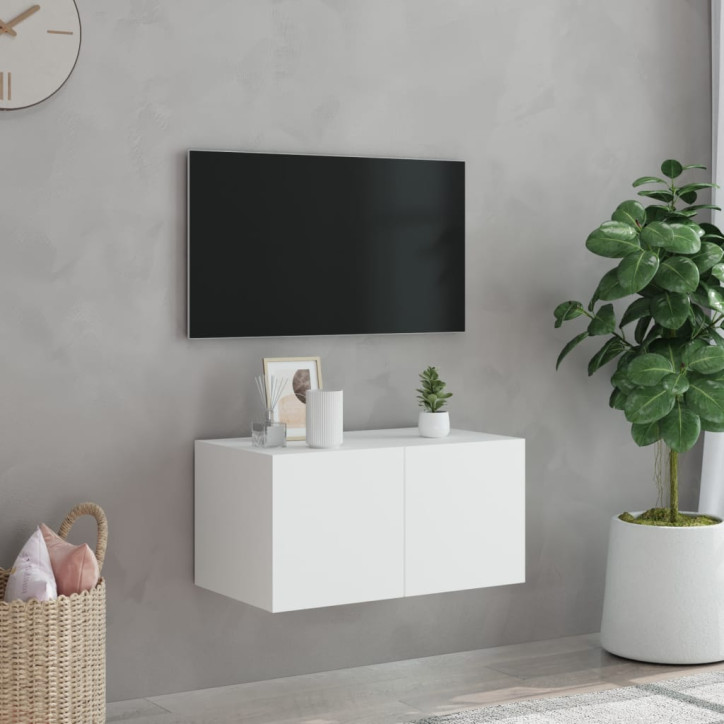 Sieninė TV spintelė su LED lemputėmis, balta, 60x35x31cm