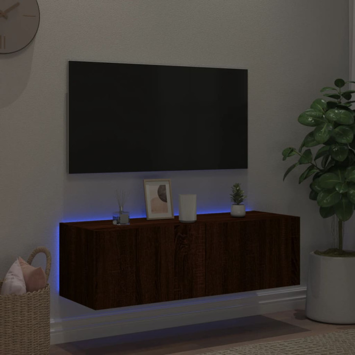 Sieninė TV spintelė su LED lemputėmis, ruda ąžuolo, 100x35x31cm