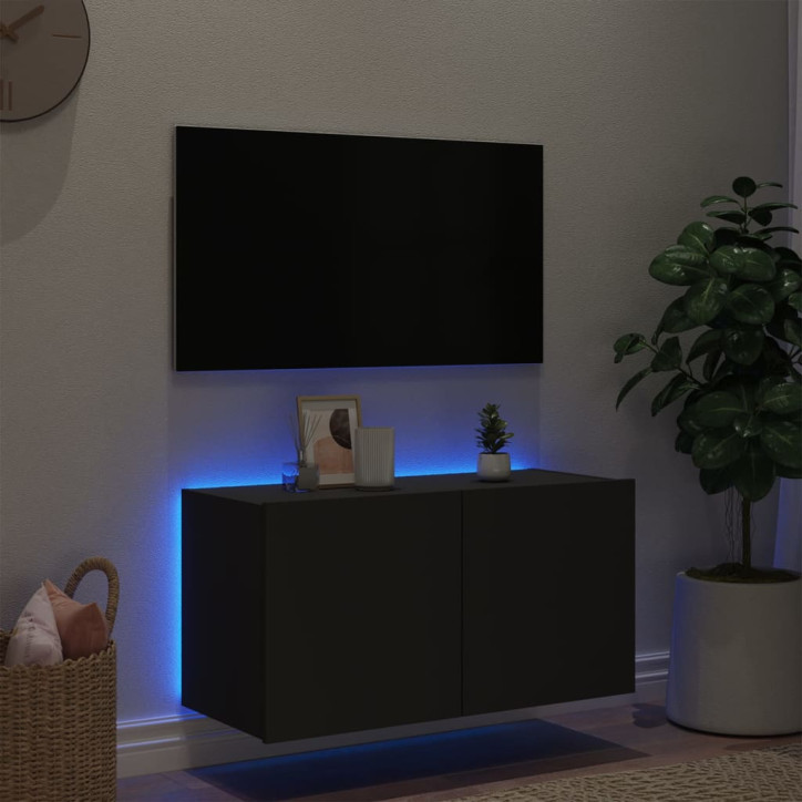 Sieninė TV spintelė su LED lemputėmis, juoda, 80x35x41cm