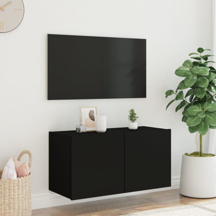 Sieninė TV spintelė su LED lemputėmis, juoda, 80x35x41cm