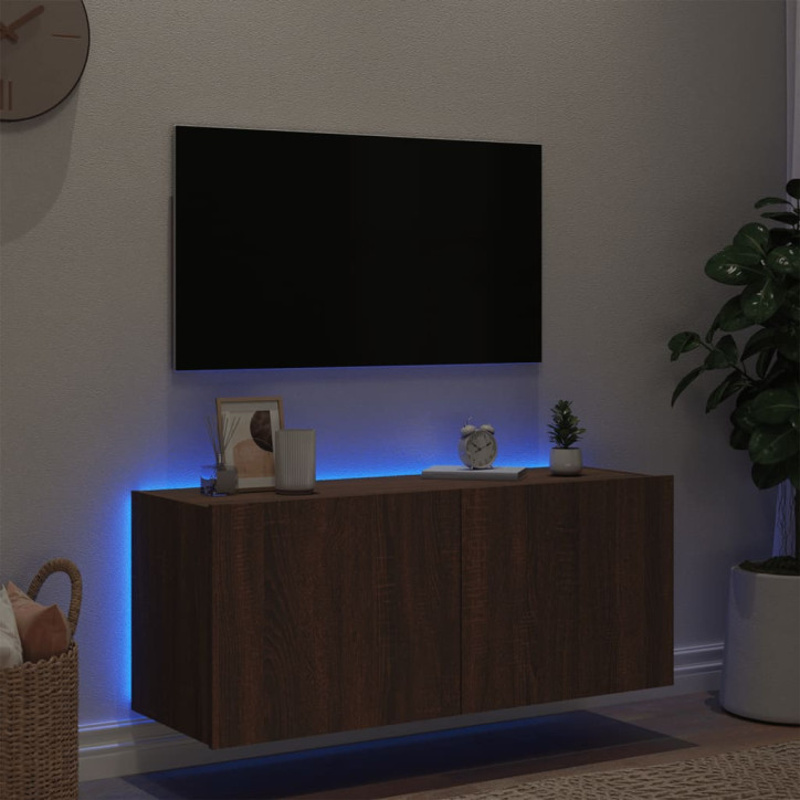 Sieninė TV spintelė su LED lemputėmis, ruda ąžuolo, 100x35x41cm