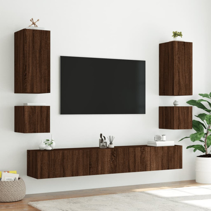 Sieninė TV spintelė su LED lemputėmis, ruda ąžuolo, 100x35x41cm