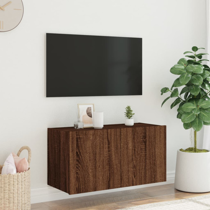 Sieninė TV spintelė su LED lemputėmis, ruda ąžuolo, 80x35x41cm