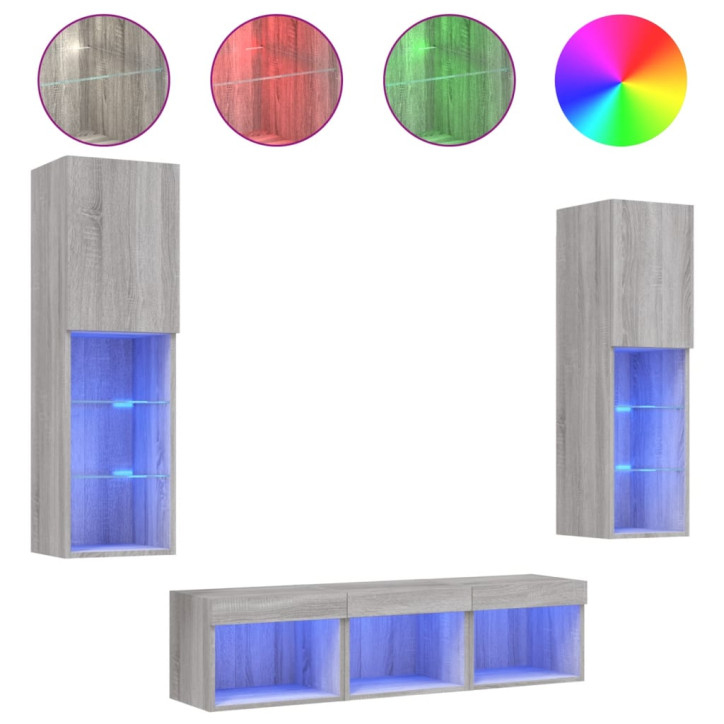 Sieninė TV sekcija su LED, 5 dalių, pilka ąžuolo, mediena