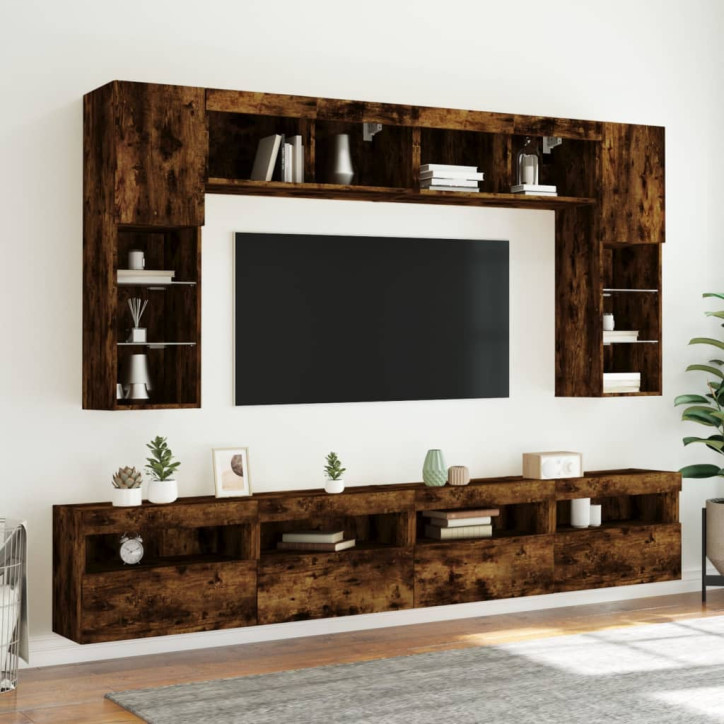 Sieninės TV spintelės su LED, 2vnt., dūminės ąžuolo, 60x30x40cm