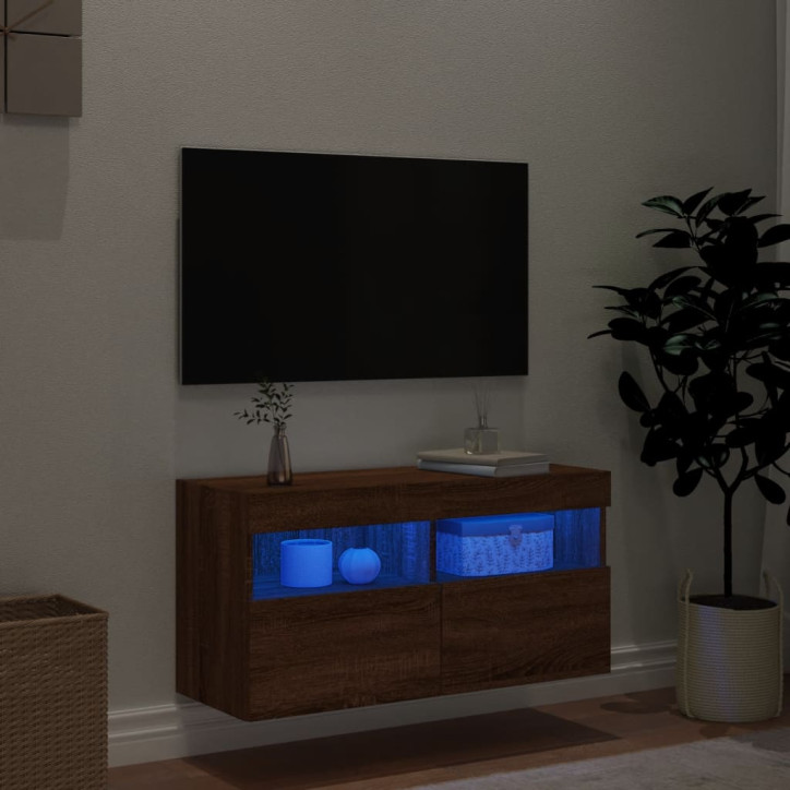 Sieninė TV spintelė su LED lemputėmis, ruda ąžuolo, 80x30x40cm