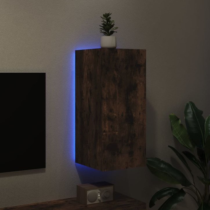 Sieninė TV spintelė su LED lemputėmis, dūminė, 30,5x35x70cm