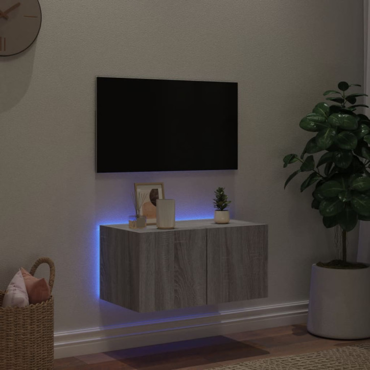 Sieninė TV spintelė su LED lemputėmis, pilka ąžuolo, 60x35x31cm