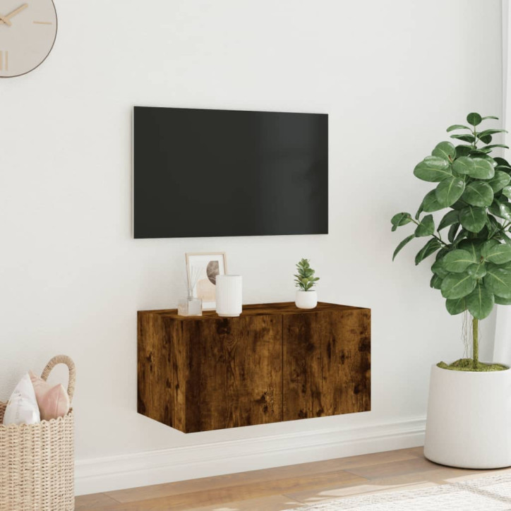 Sieninė TV spintelė su LED lemputėmis, dūminė, 60x35x31cm