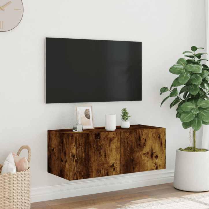 Sieninė TV spintelė su LED lemputėmis, dūminė, 80x35x31cm