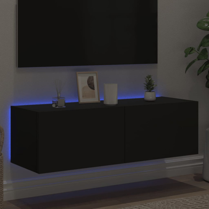 Sieninė TV spintelė su LED lemputėmis, juoda, 100x35x31cm