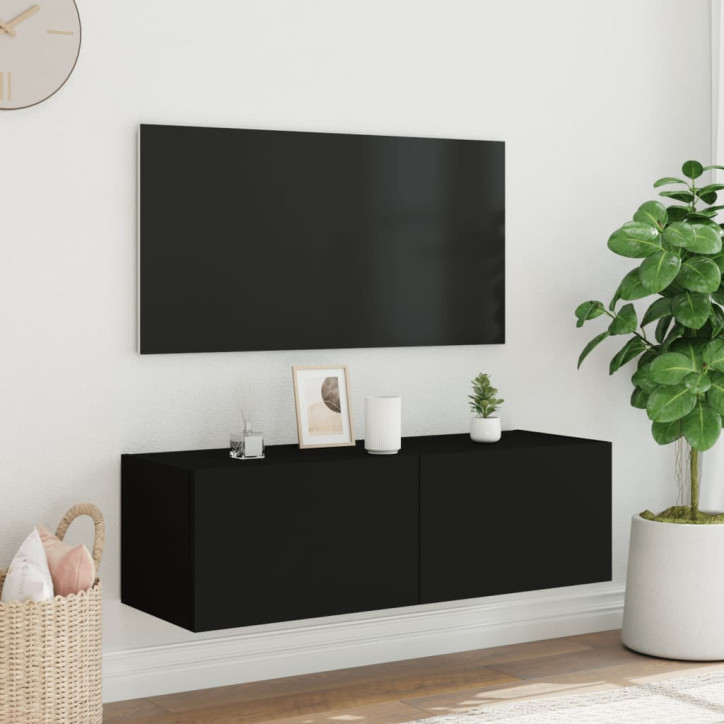 Sieninė TV spintelė su LED lemputėmis, juoda, 100x35x31cm