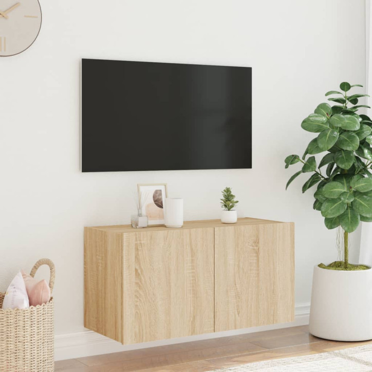 Sieninė TV spintelė su LED lemputėmis, ąžuolo, 80x35x41cm