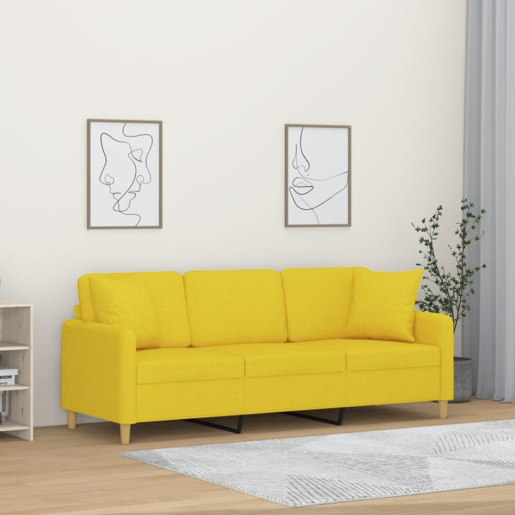 Trivietė sofa su pagalvėlėmis, šviesiai geltona, 180cm, audinys