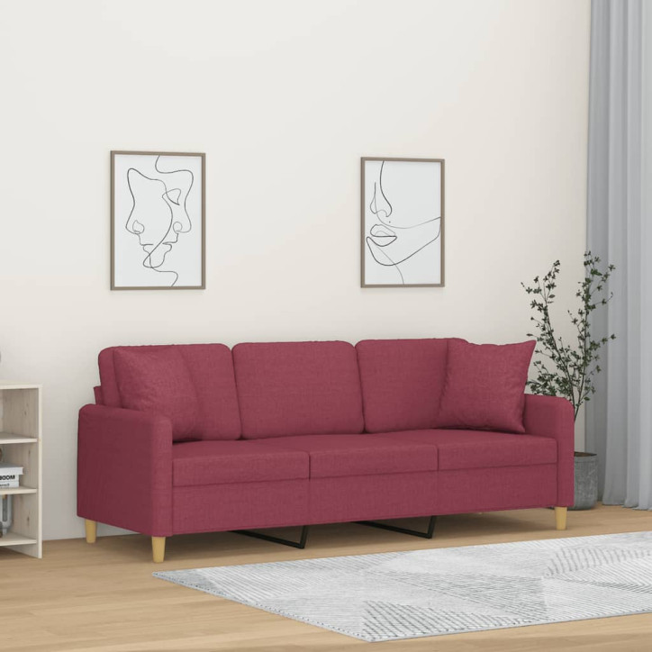 Trivietė sofa su pagalvėlėmis, raudonojo vyno, 180cm, audinys