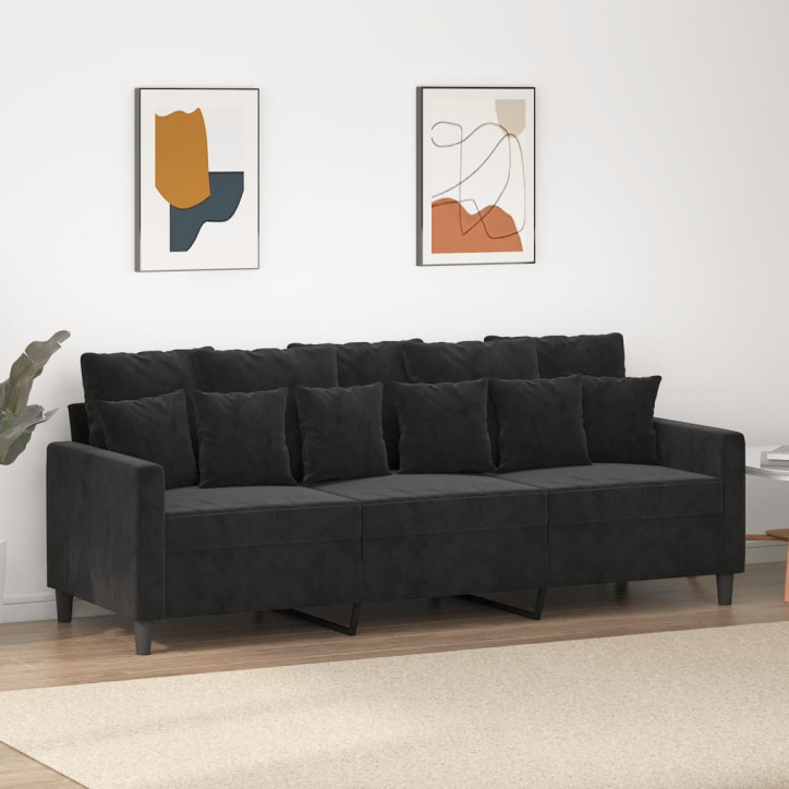 Trivietė sofa, juodos spalvos, 180cm, aksomas