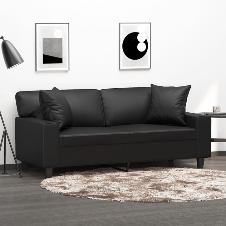 Dvivietė sofa su pagalvėlėmis, juoda, 140cm, dirbtinė oda