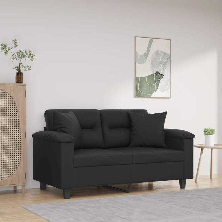 Dvivietė sofa su pagalvėlėmis, juoda, 120cm, dirbtinė oda