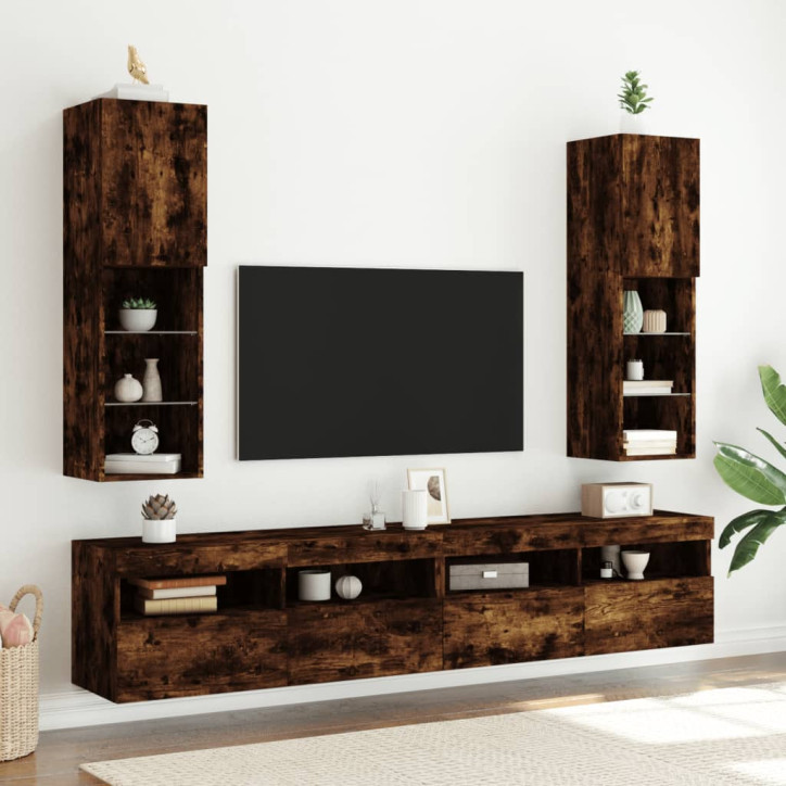 TV spintelės su LED, 2vnt., dūminio ąžuolo, 30,5x30x102cm