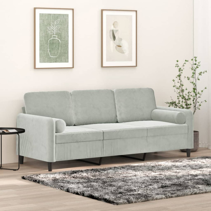 Trivietė sofa su pagalvėlėmis, šviesiai pilka, 180cm, aksomas