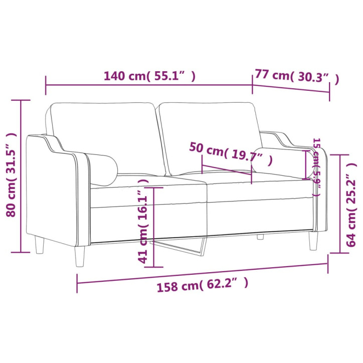 Dvivietė sofa su pagalvėlėmis, juodos spalvos, 140cm, audinys