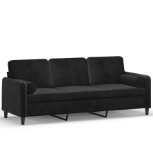 Trivietė sofa su pagalvėlėmis, juodos spalvos, 180cm, aksomas