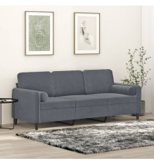 Trivietė sofa su pagalvėlėmis, tamsiai pilka, 180cm, aksomas