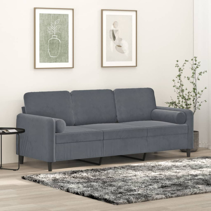 Trivietė sofa su pagalvėlėmis, tamsiai pilka, 180cm, aksomas