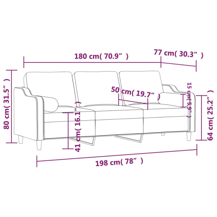 Trivietė sofa su pagalvėlėmis, tamsiai pilka, 180cm, audinys