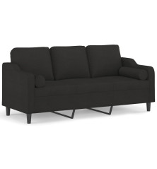 Trivietė sofa su pagalvėlėmis, juodos spalvos, 180cm, audinys