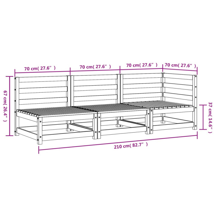 Trivietė sodo sofa, pušies medienos masyvas