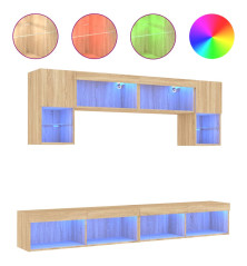 Sieninė TV sekcija su LED, 6 dalių, ąžuolo, apdirbta mediena