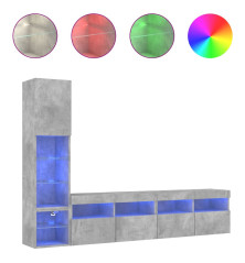 Sieninė TV sekcija su LED, 4 dalių, betono, apdirbta mediena