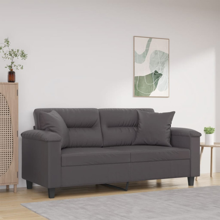 Dvivietė sofa su pagalvėlėmis, pilka, 140cm, dirbtinė oda