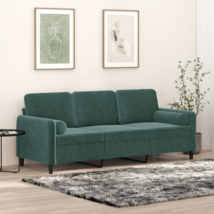 Trivietė sofa su pagalvėlėmis, tamsiai žalia, 180cm, aksomas