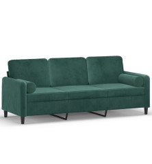 Trivietė sofa su pagalvėlėmis, tamsiai žalia, 180cm, aksomas