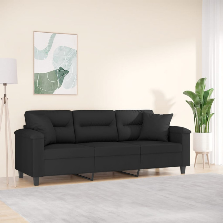 Trivietė sofa su pagalvėmis, juoda, 180cm, mikropluošto audinys