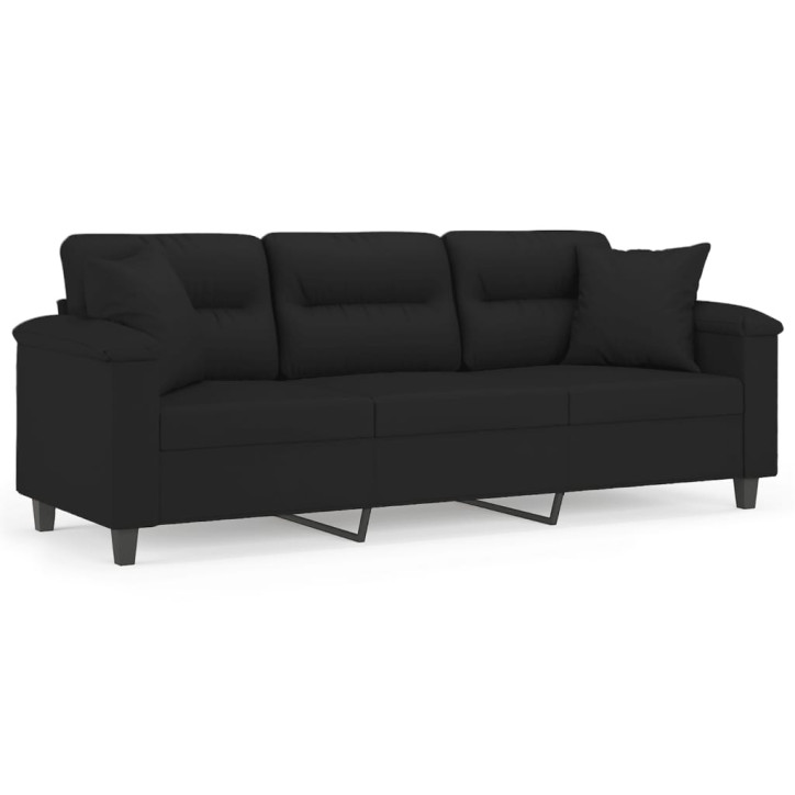 Trivietė sofa su pagalvėmis, juoda, 180cm, mikropluošto audinys