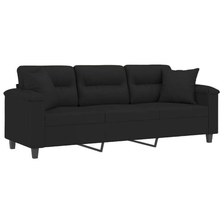 Trivietė sofa su pagalvėmis, juoda, 180cm, mikropluošto audinys