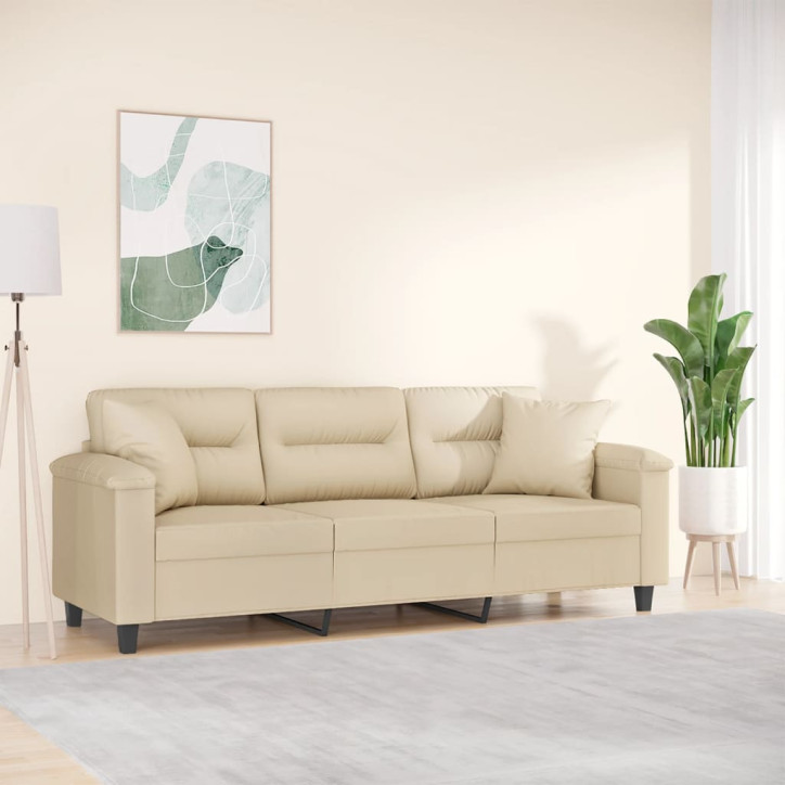 Trivietė sofa su pagalvėmis, kreminė, 180cm, audinys