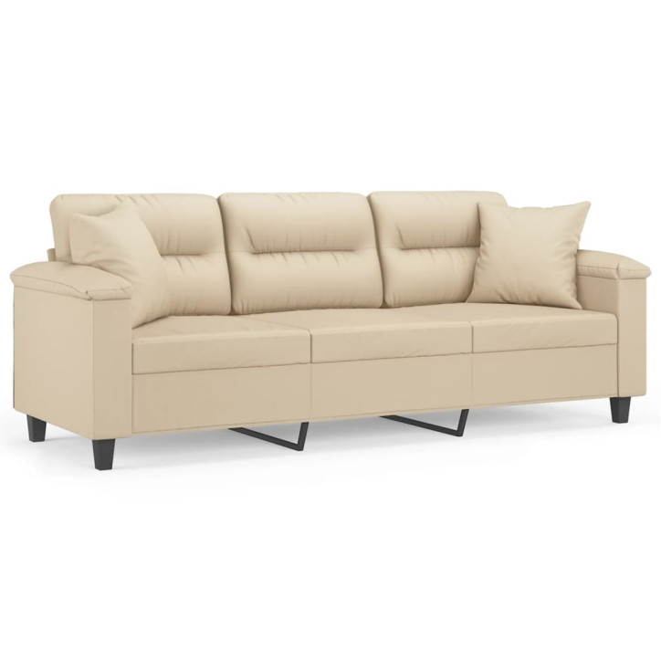 Trivietė sofa su pagalvėmis, kreminė, 180cm, audinys