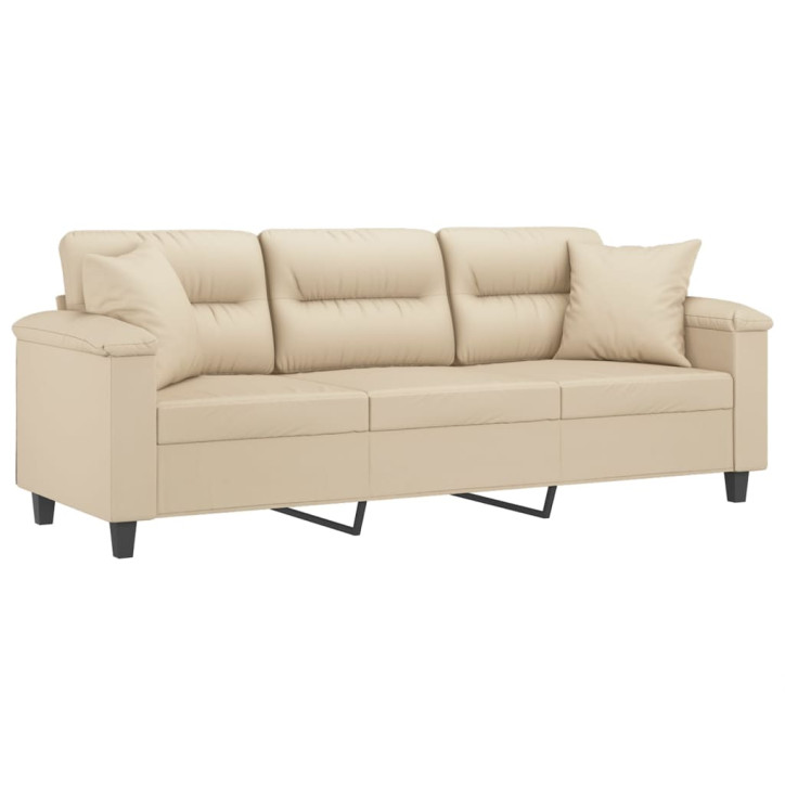 Trivietė sofa su pagalvėmis, kreminė, 180cm, audinys