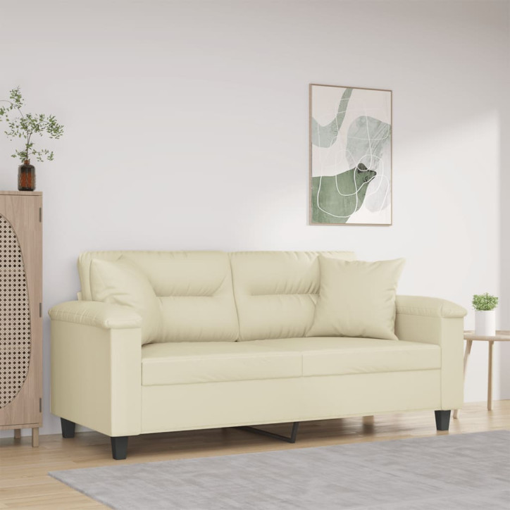 Dvivietė sofa su pagalvėlėmis, kreminė, 140cm, dirbtinė oda